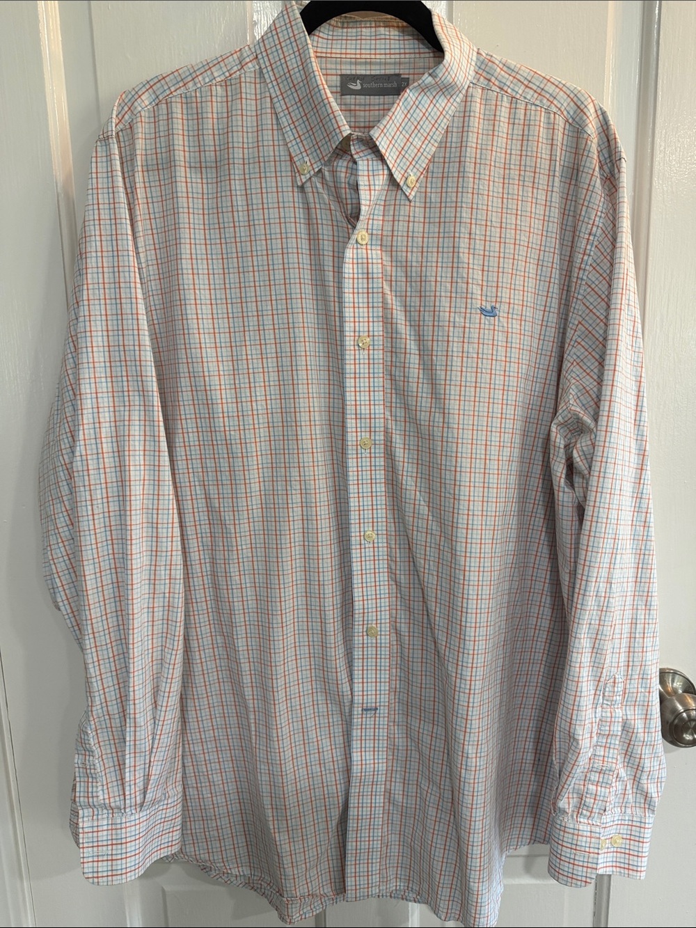 Southern Marsh Light Blue and Orange Plaid Button-Down Shirt